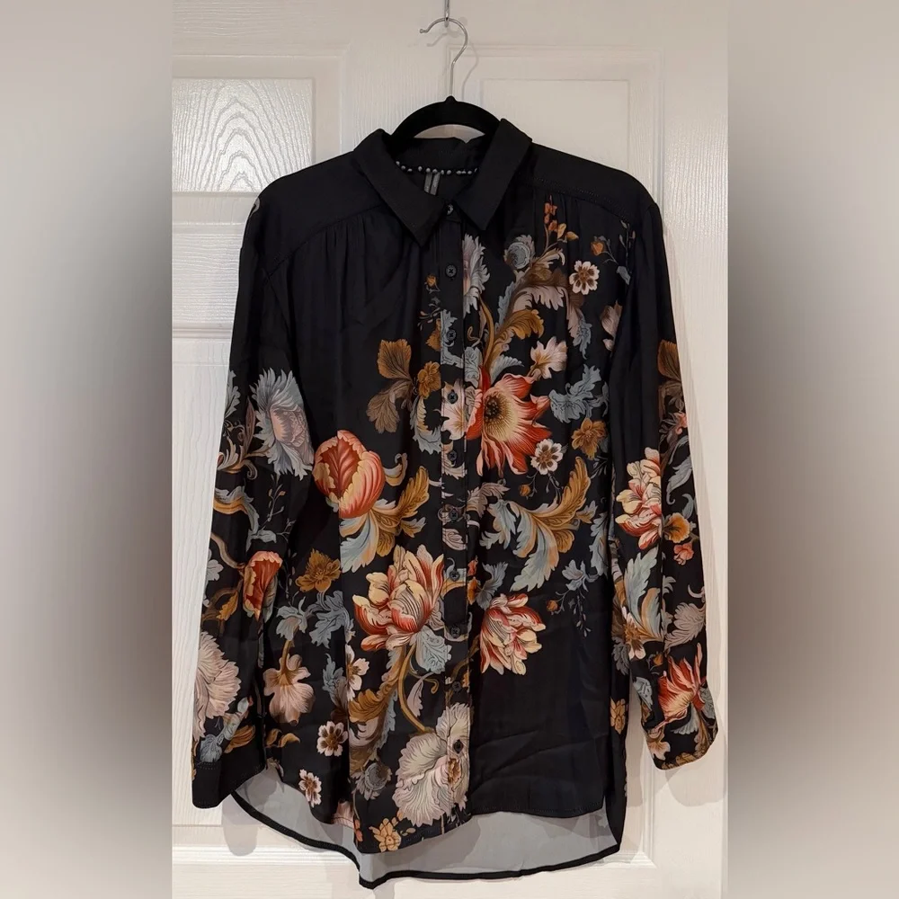 Anthropologie Brielle Relaxed Buttondown Floral Multicolor Botanical Blouse Sz L - Picture 2 of 9